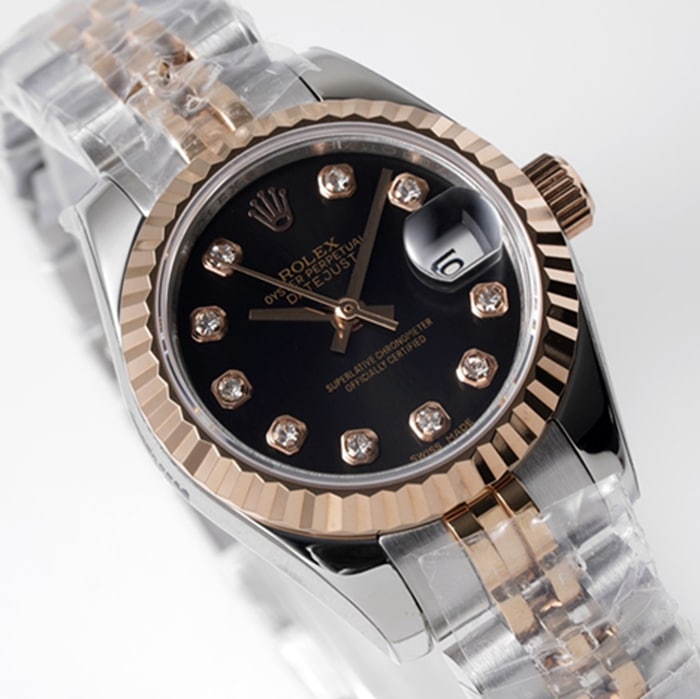Top-tier watch Rolex women's black dial Date just steel bracelet watch front view