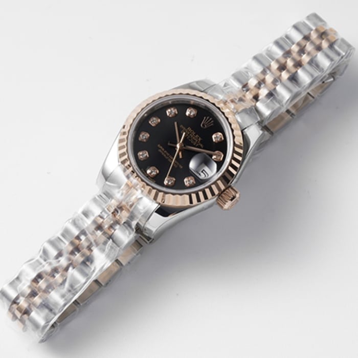 Top-tier watch Rolex women's black dial Date just steel bracelet watch front view