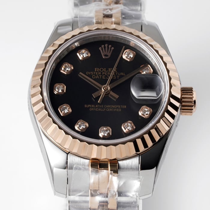Top-tier watch Rolex women's black dial Date just steel bracelet watch front view