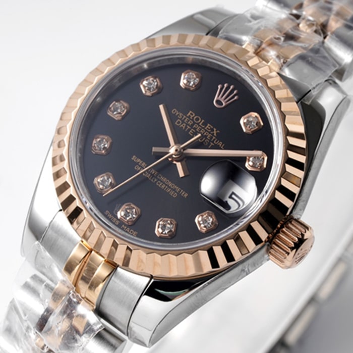 Top-tier watch Rolex women's black dial Date just steel bracelet watch front view