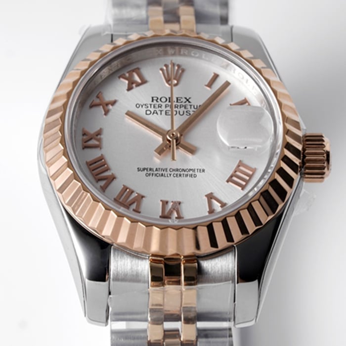 Top-tier watch Rolex women's white dial Date just steel bracelet watch front view
