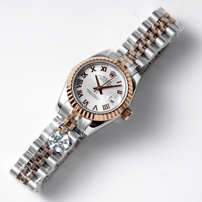 Top-tier watch Rolex women's white dial Date just steel bracelet watch front view