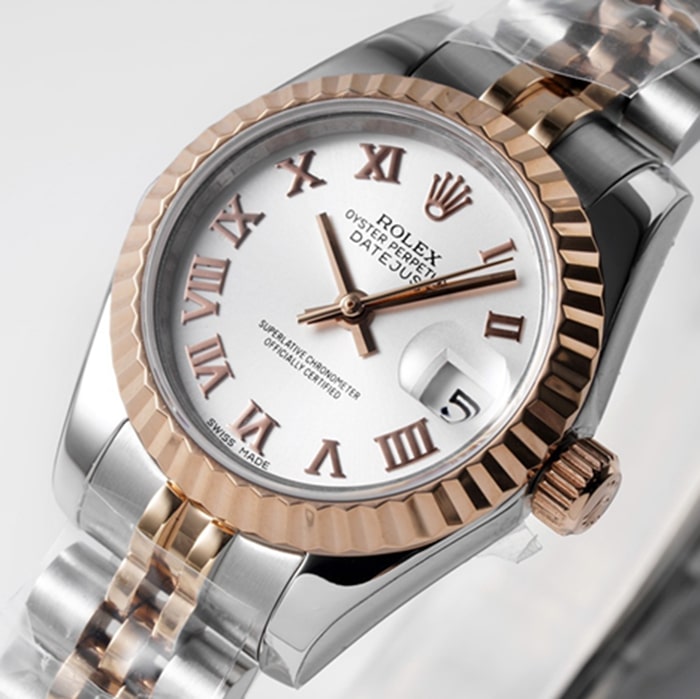 Top-tier watch Rolex women's white dial Date just steel bracelet watch front view