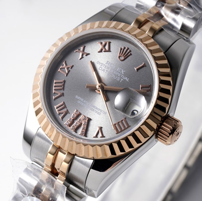 Top-tier watch Rolex women's gray plate Datejuststeel bracelet watch front view