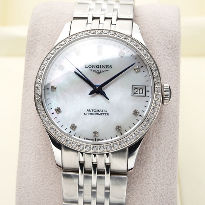 top-tier watch Longines men's black dial pioneer series steel bracelet watch front view