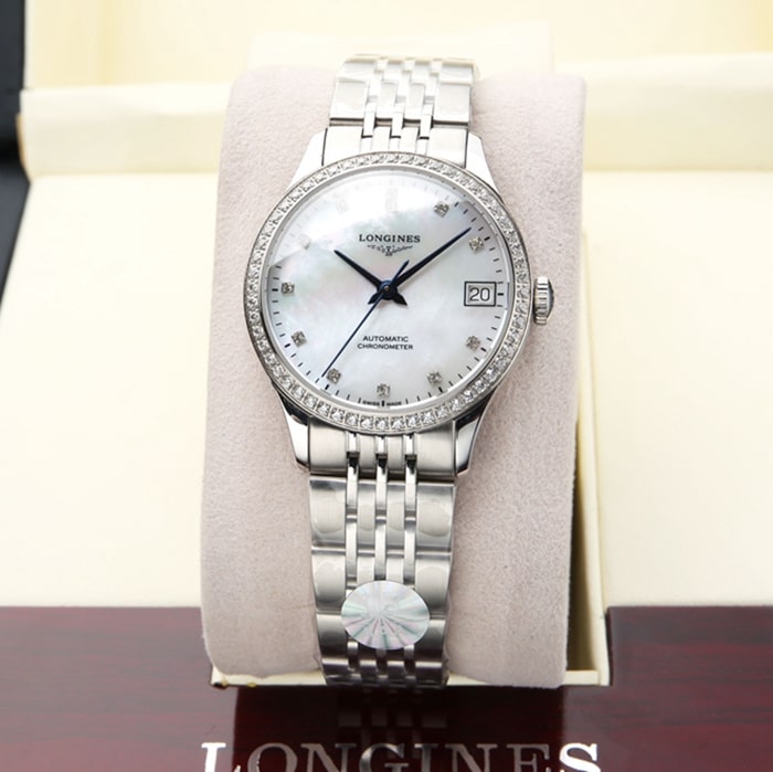 top-tier watch Longines men's black dial pioneer series steel bracelet watch front view