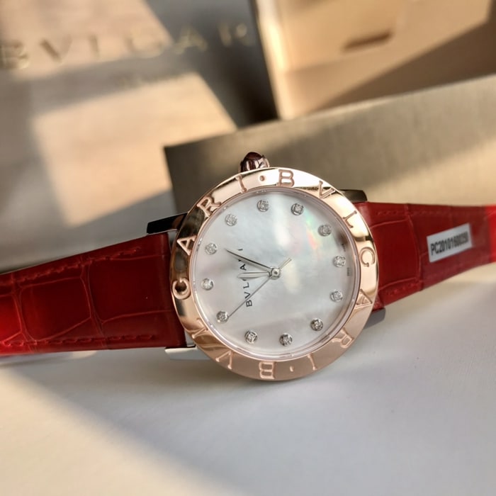 top-tier watch Bvlgari women's white dial automatic movementleather strap watch front view