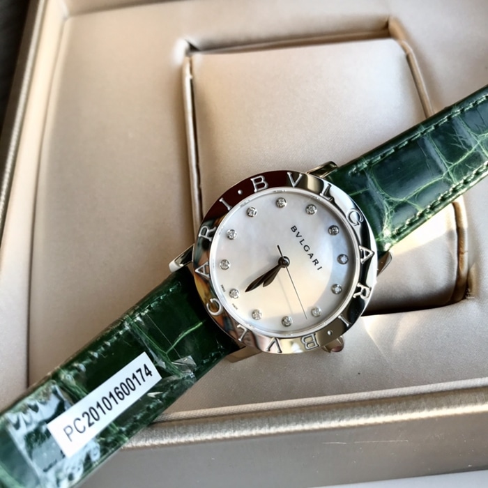 top-tier watch Bvlgari women's white dial automatic movementleather strap watch front view