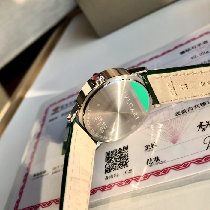 top-tier watch Bvlgari women's white dial automatic movementleather strap watch side view