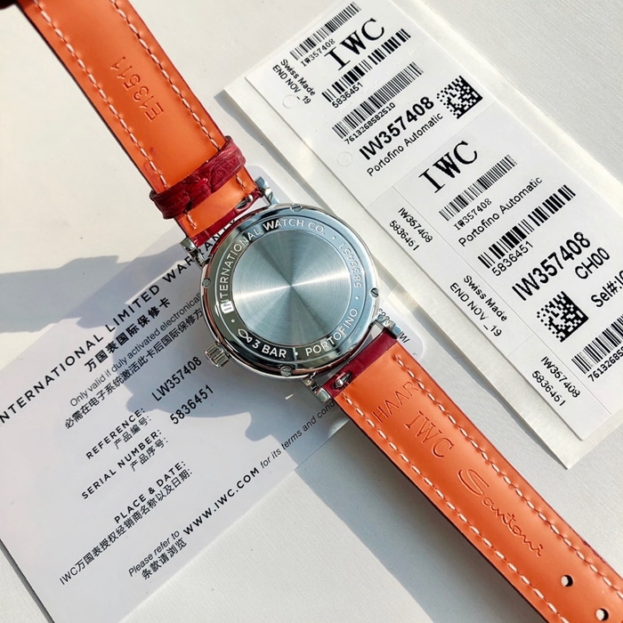 top-tier watch IWC women's white dial Portofino automatic movementleather strap watch back cover picture