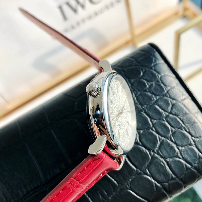 top-tier watch IWC women's white dial Portofino automatic movementleather strap watch side view