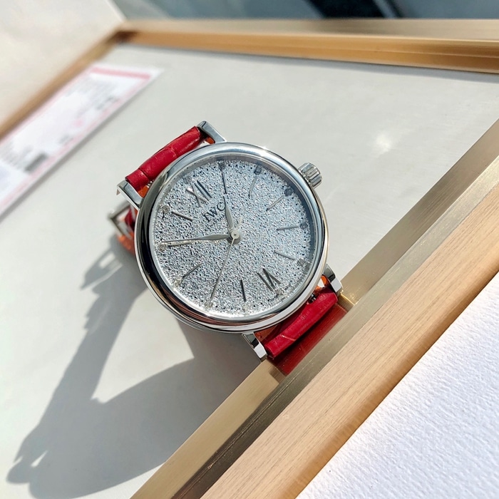 top-tier watch IWC women's white dial Portofino mechanical leather strap watch front view