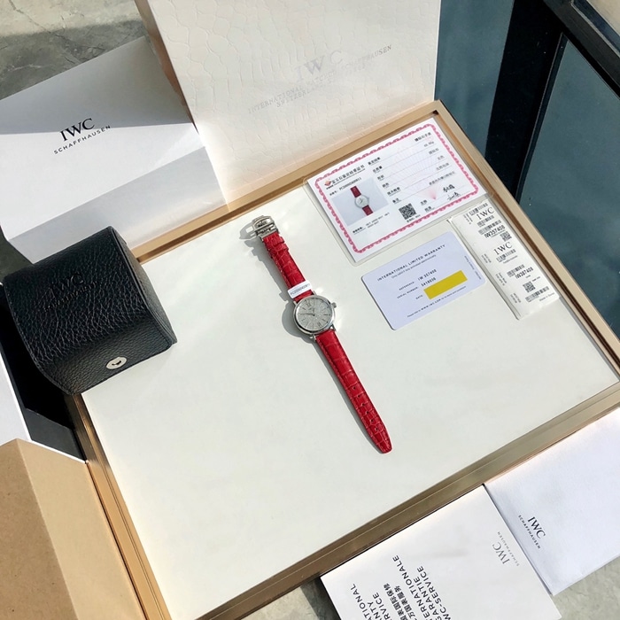 top-tier watch IWC women's white dial Portofino mechanical leather strap watch front view