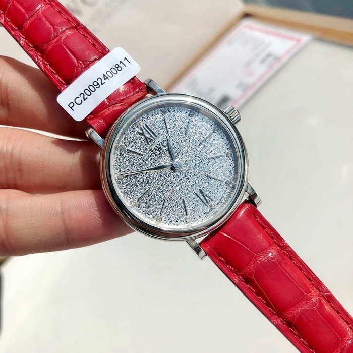 top-tier watch IWC women's white dial Portofino mechanical leather strap watch front view