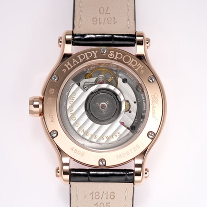 top-tier watch Chopard women's gold plate black belt happy diamond series leather strap watch movement picture