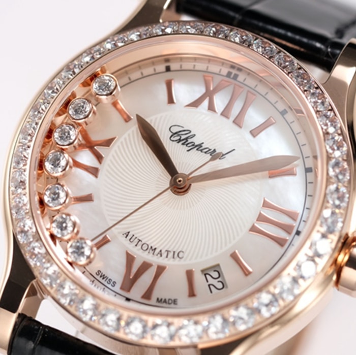 top-tier watch Chopard women's gold plate black belt happy diamond series leather strap watch front view