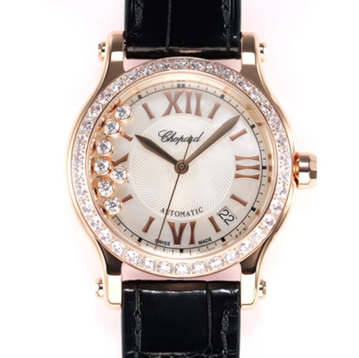 top-tier watch Chopard women's gold plate black belt happy diamond series leather strap watch front view