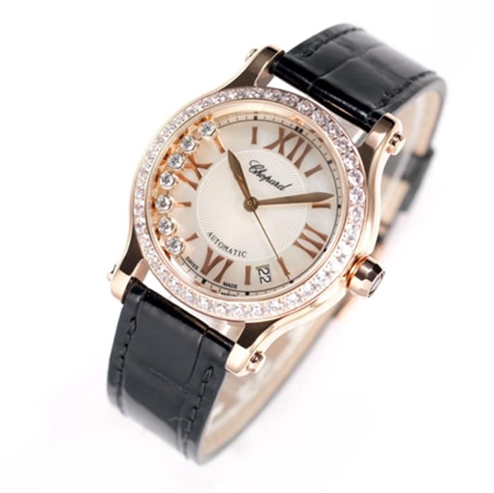 top-tier watch Chopard women's gold plate black belt happy diamond series leather strap watch front view