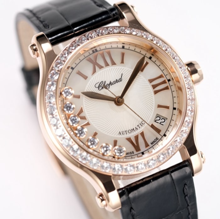 top-tier watch Chopard women's gold plate black belt happy diamond series leather strap watch front view