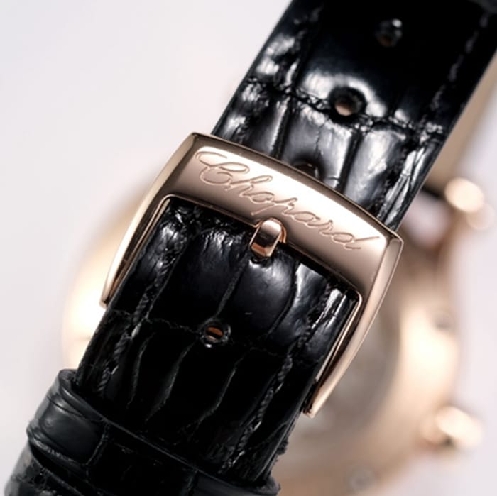 top-tier watch Chopard women's gold plate black belt happy diamond series leather strap watch clasp picture