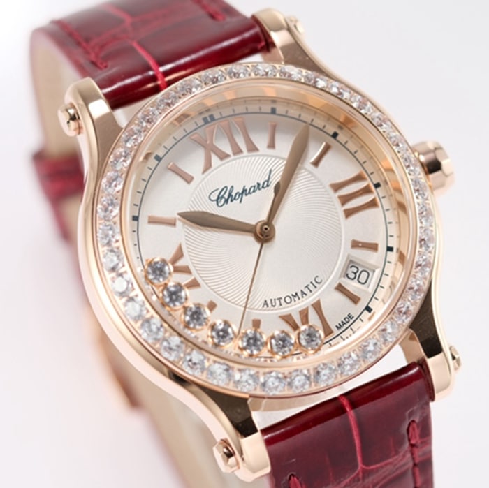 Top-tier watch Chopard women's white dial red band HAPPY DIAMONDS series mechanical watch front view