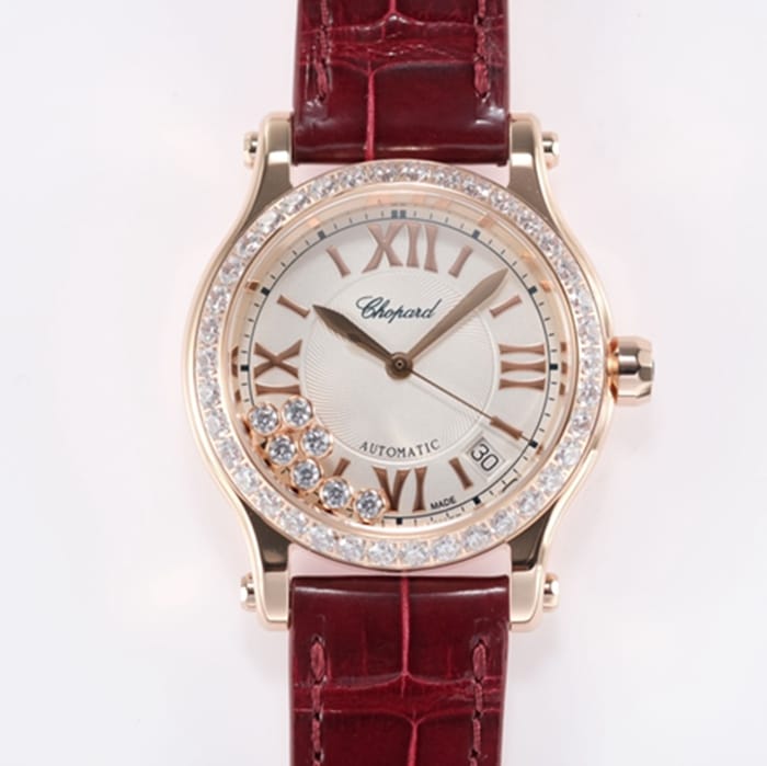 Top-tier watch Chopard women's white dial red band HAPPY DIAMONDS series mechanical watch front view