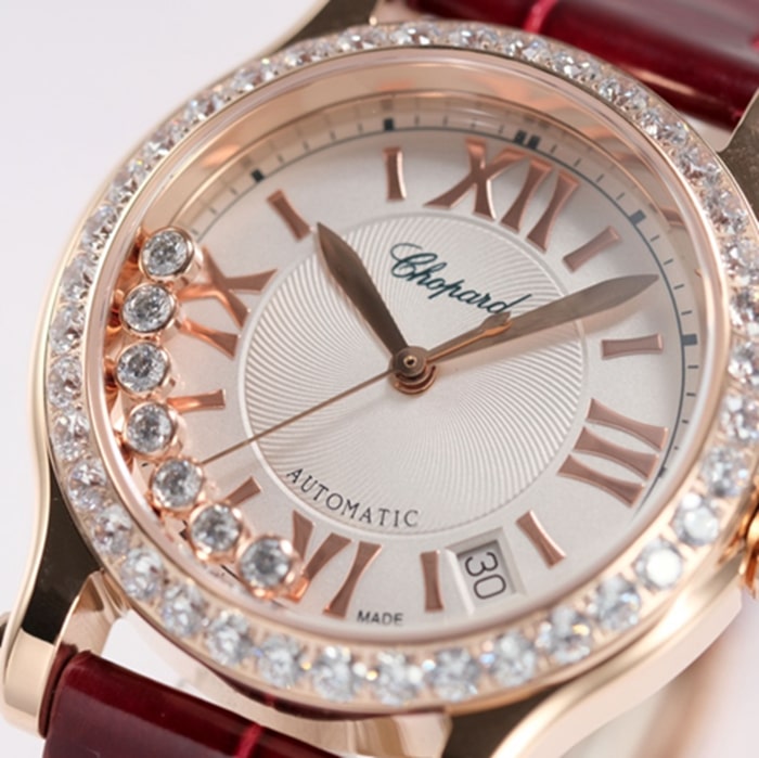 Top-tier watch Chopard women's white dial red band HAPPY DIAMONDS series mechanical watch front view