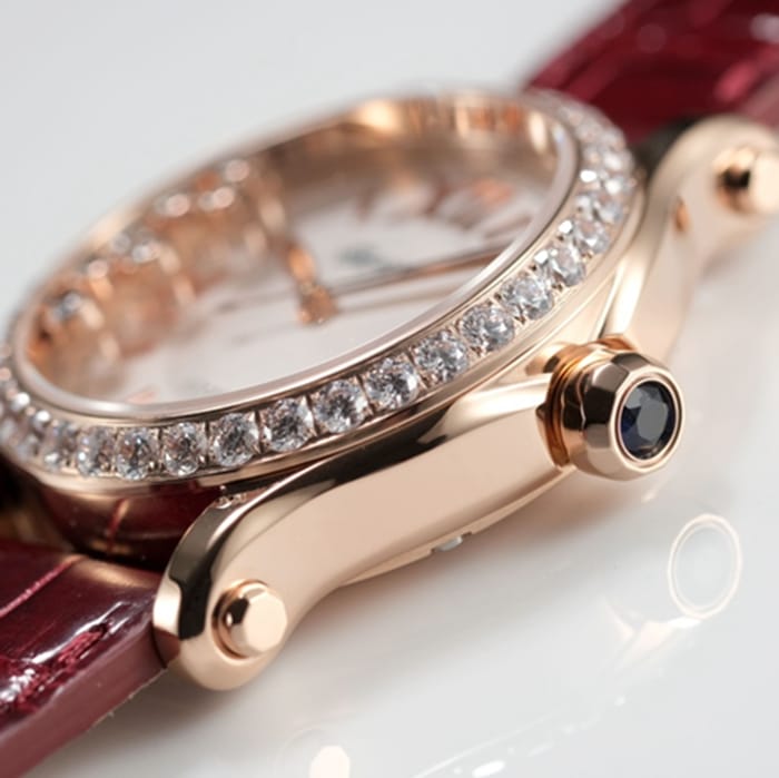 top-tier watch Chopard women's white dial red band HAPPY DIAMONDS series mechanical watch side view