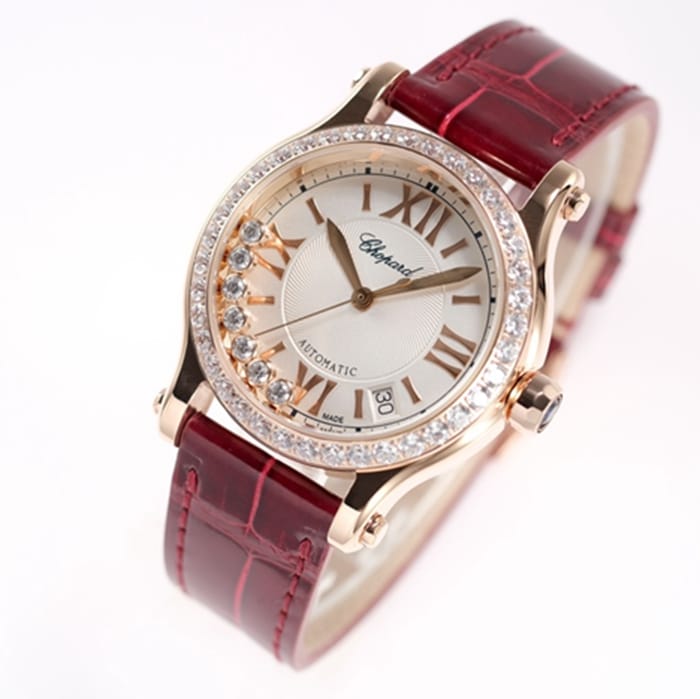 Top-tier watch Chopard women's white dial red band HAPPY DIAMONDS series mechanical watch front view