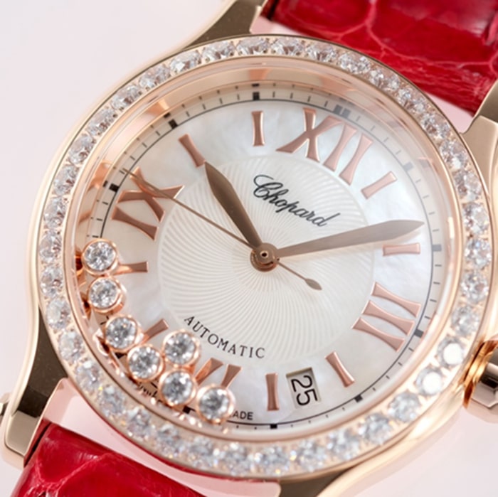 top-tier watch Breitling women's white dial red band happy diamond series mechanical watch front view