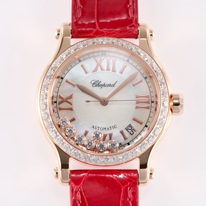 top-tier watch Breitling women's white dial red band happy diamond series mechanical watch front view