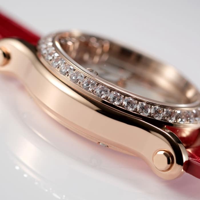 top-tier watch Breitling women's white dial red band happy diamond series mechanical watch side view