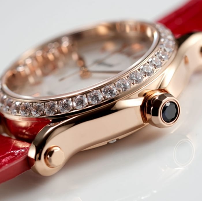 top-tier watch Breitling women's white dial red band happy diamond series mechanical watch side view
