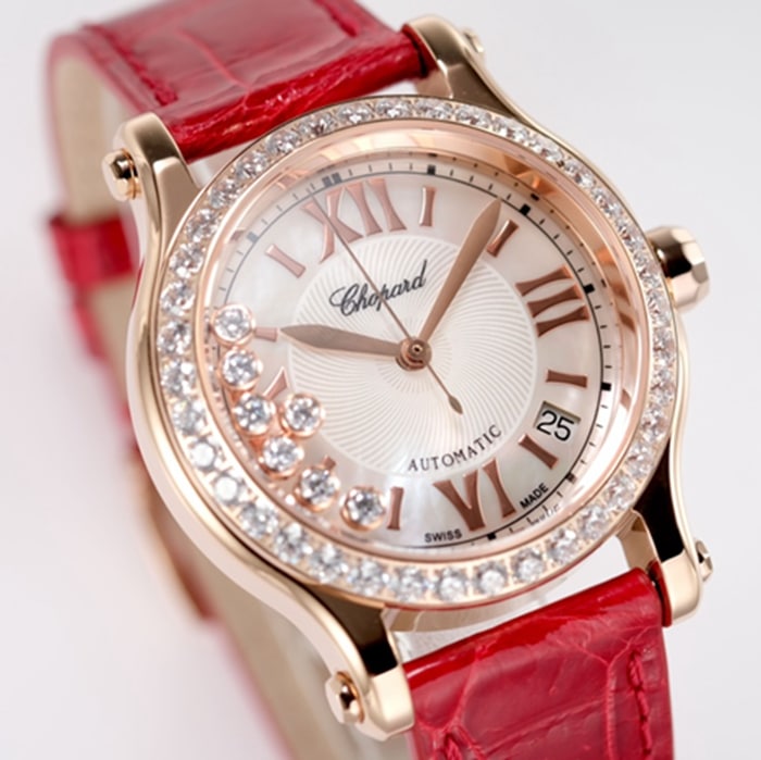 top-tier watch Breitling women's white dial red band happy diamond series mechanical watch front view