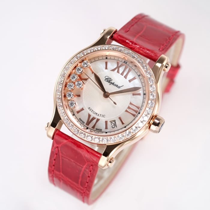 top-tier watch Breitling women's white dial red band happy diamond series mechanical watch front view