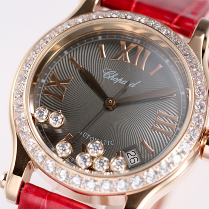 top-tier watch Chopard women's black dial red band happy diamond HAPPY DIAMONDS series mechanical watch front view