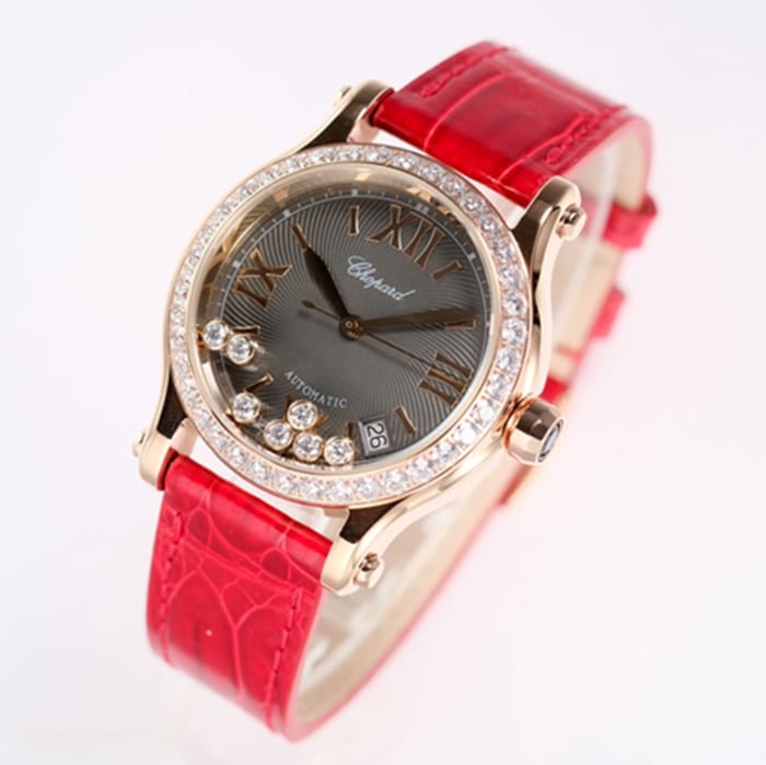 top-tier watch Chopard women's black dial red band happy diamond HAPPY DIAMONDS series mechanical watch front view