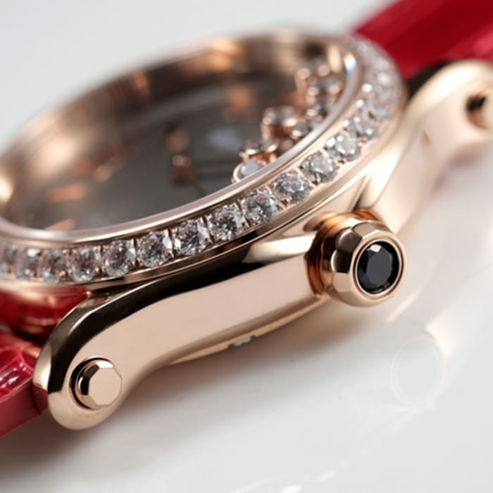 top-tier watch Chopard women's black dial red band happy diamond HAPPY DIAMONDS series mechanical watch side view