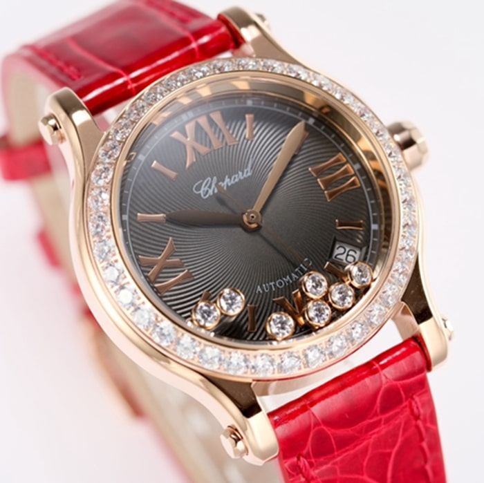top-tier watch Chopard women's black dial red band happy diamond HAPPY DIAMONDS series mechanical watch front view
