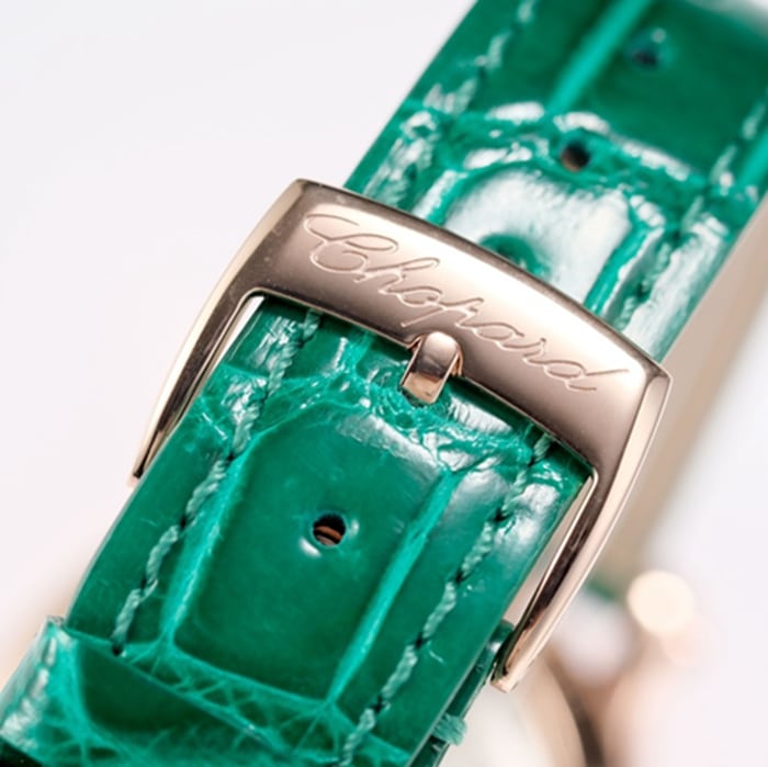 top-tier watch Chopard women's white dial green strap happy diamond series mechanical leather strap watch clasp picture