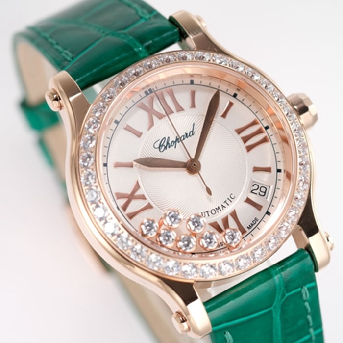 top-tier watch Chopard women's white dial green strap happy diamond series mechanical leather strap watch front view