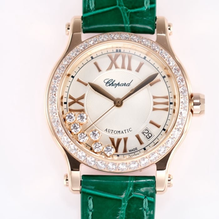 top-tier watch Chopard women's white dial green strap happy diamond series mechanical leather strap watch front view