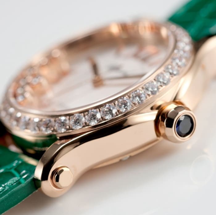 top-tier watch Chopard women's white dial green strap happy diamond series mechanical leather strap watch side view