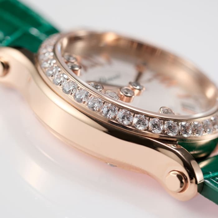 top-tier watch Chopard women's white dial green strap happy diamond series mechanical leather strap watch side view