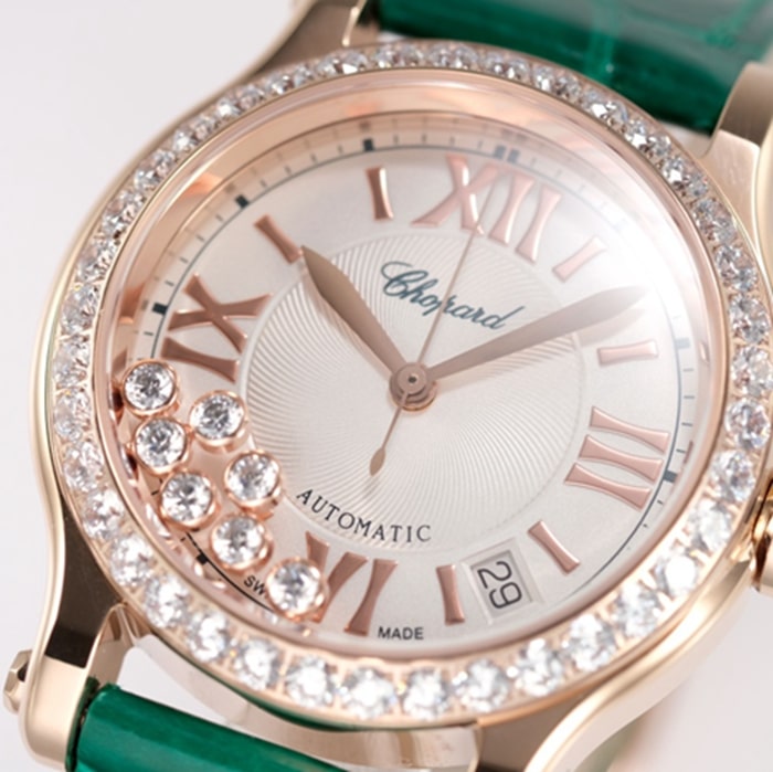 top-tier watch Chopard women's white dial green strap happy diamond series mechanical leather strap watch front view