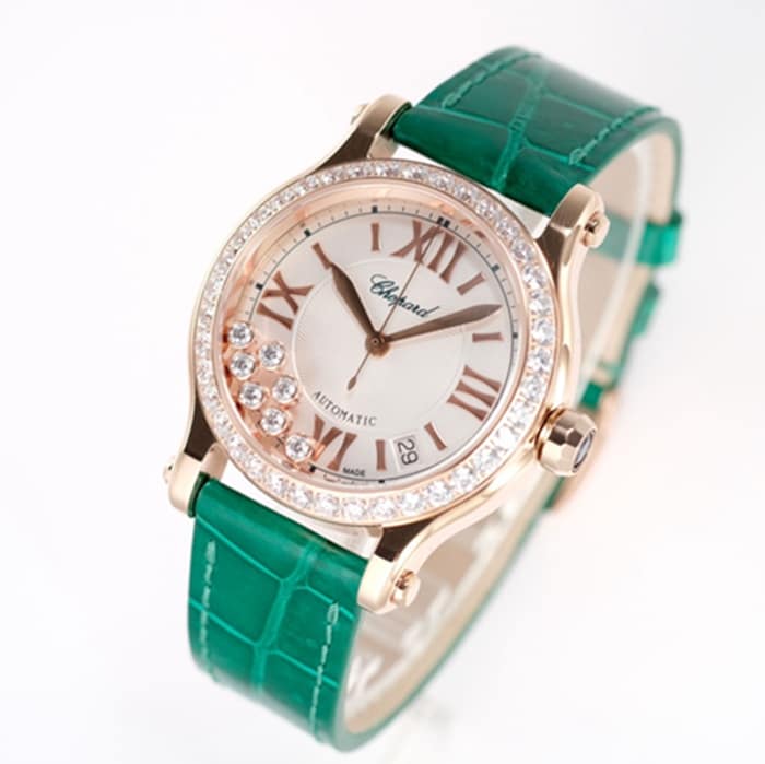 top-tier watch Chopard women's white dial green strap happy diamond series mechanical leather strap watch front view