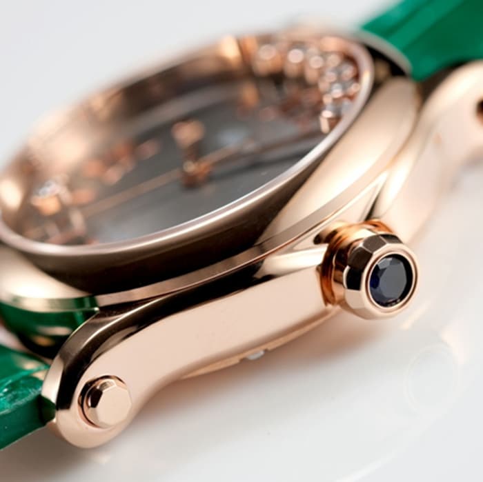 High Chopard women's watch, black dial, green strap, HAPPY DIAMONDS series, mechanical leather strap, side view