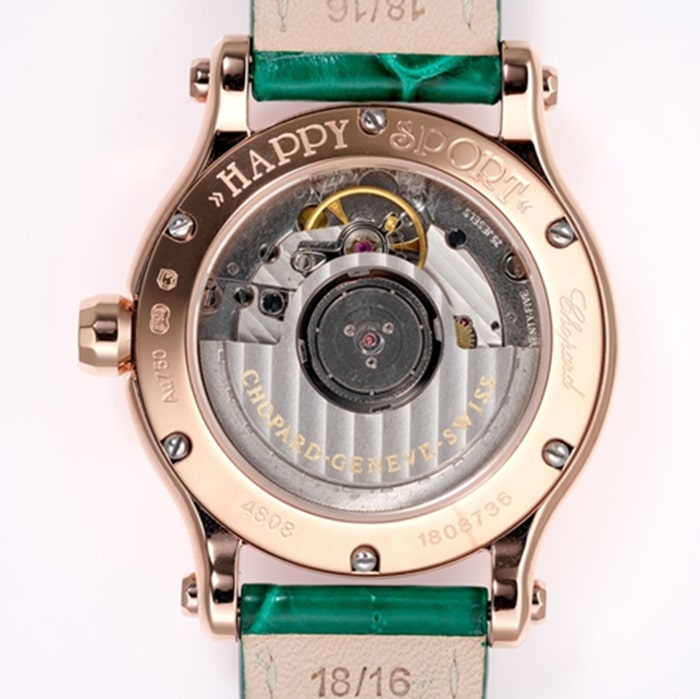 collectible Chopard women's watch, black dial, green strap, HAPPY DIAMONDS series, mechanical leather strap wristwatch, movement picture