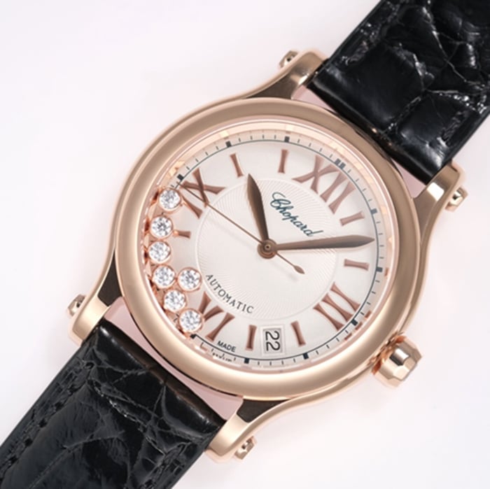Top collectible watches Chopard Women's White Plate Black Strap Happy Diamonds Collection Front View