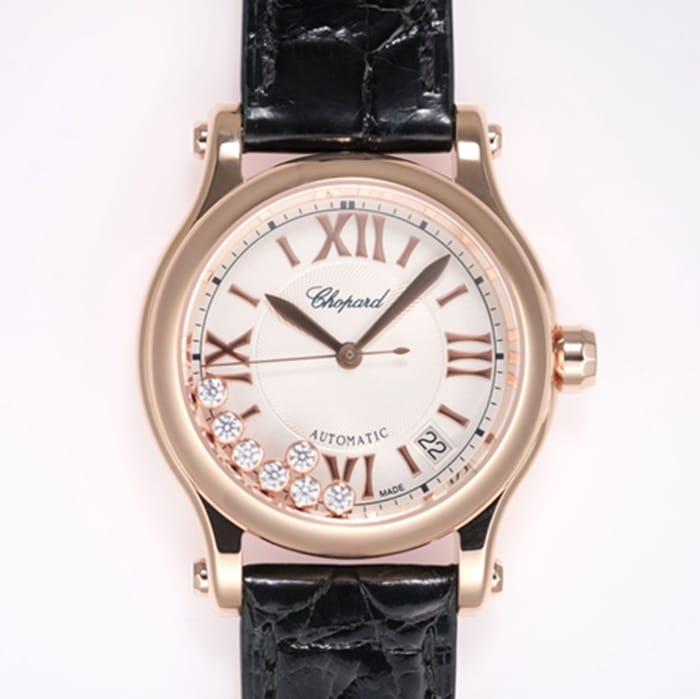 Top collectible watches Chopard Women's White Plate Black Strap Happy Diamonds Collection Front View